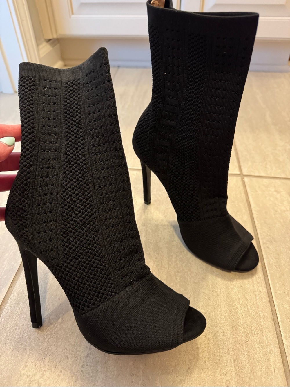 Chase + Chloe Black Knit Peep-Toe Stiletto Sock Booties
